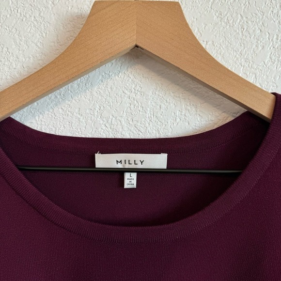 Milly Ostrich Feather Trim Crew Neck Pullover Sweater Burgundy Red Purple L - Picture 9 of 10